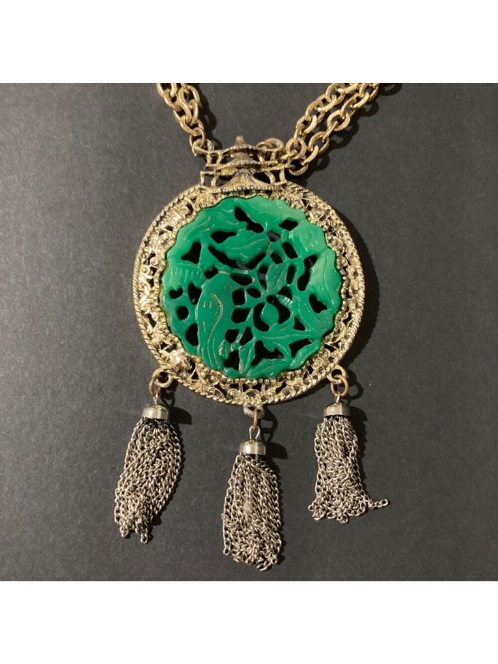 Carved Bird Faux Jade Large Medallion Pendant Necklace With Tassels 1960s - Picture 2 of 6
